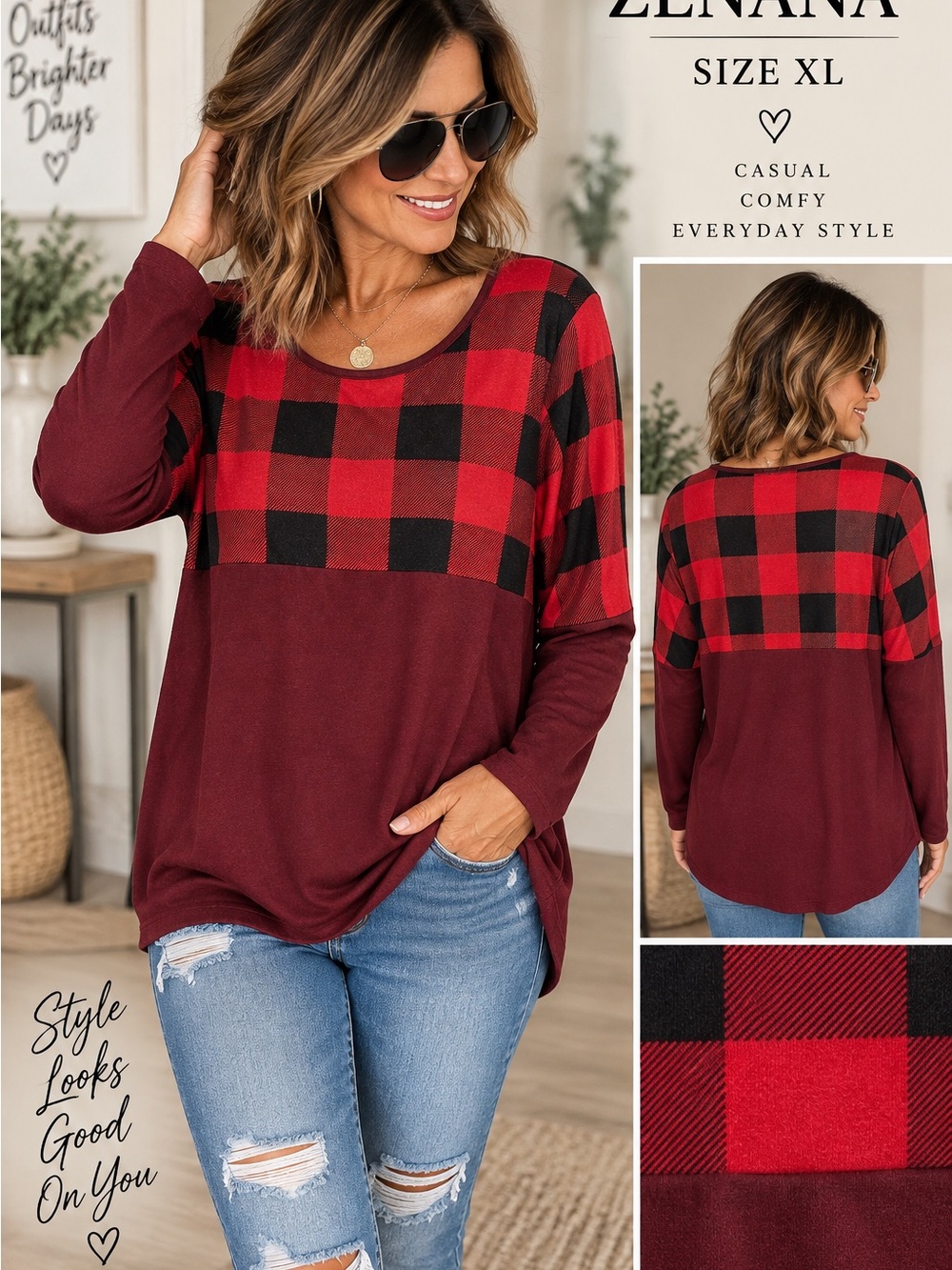 Zenana Outfitters Burgundy and Red Buffalo Plaid Long Sleeve Top